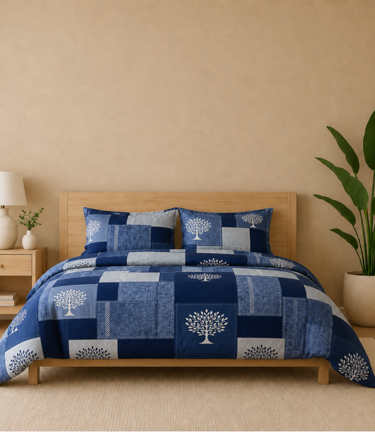 Gracious Royal Blue Patchwork Tree King Size Cotton Bedsheet – Contemporary Heritage Collection