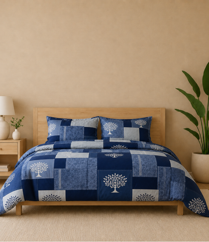 Gracious Royal Blue Patchwork Tree King Size Cotton Bedsheet – Contemporary Heritage Collection