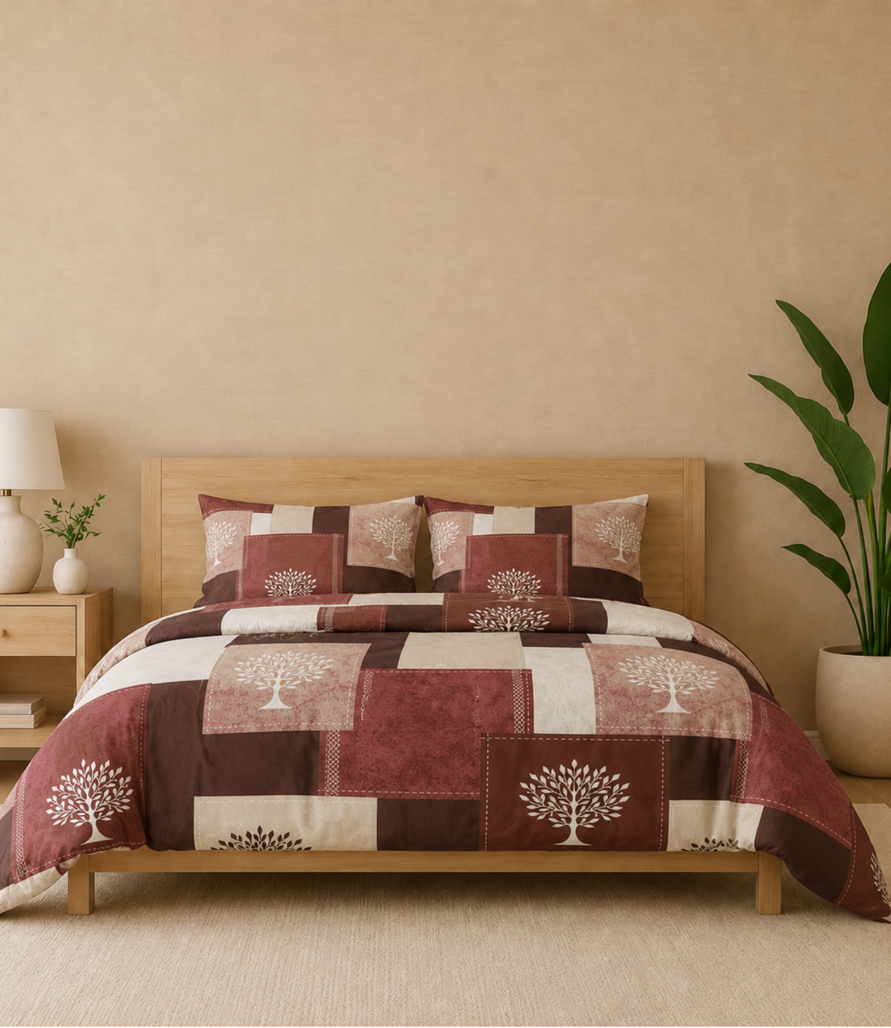 Gracious Rustic Maroon Patchwork Tree King Size Cotton Bedsheet – Heritage Comfort Collection