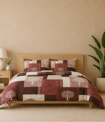 Gracious Rustic Maroon Patchwork Tree King Size Cotton Bedsheet – Heritage Comfort Collection
