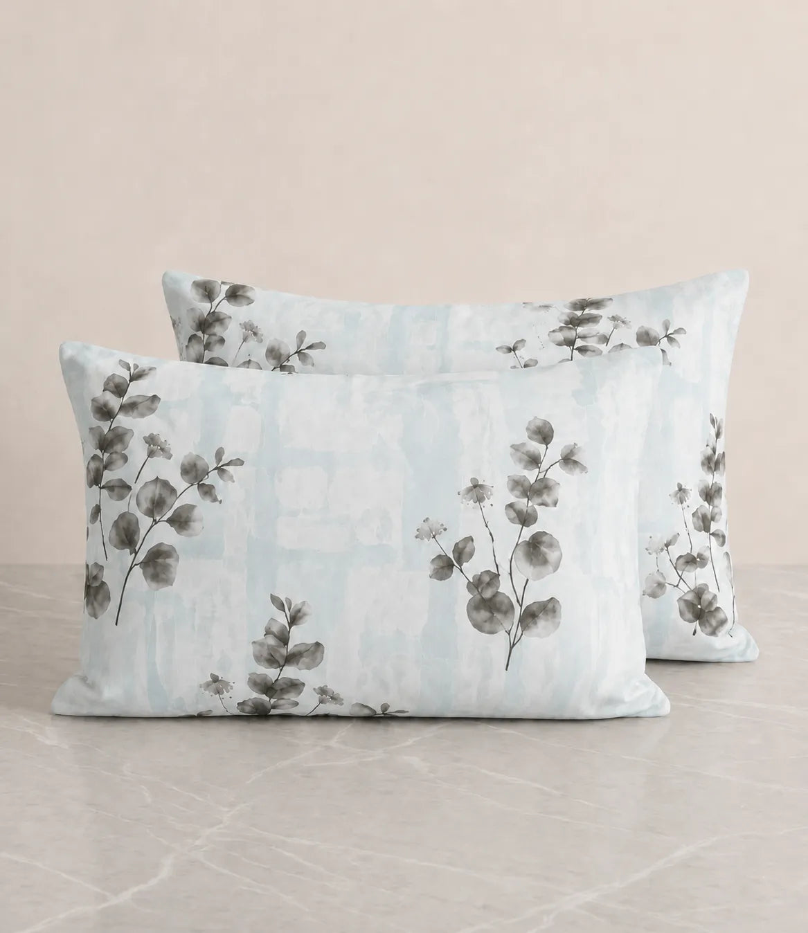 Matching cotton pillow covers with mist blue eucalyptus botanical print for queen size bedding set