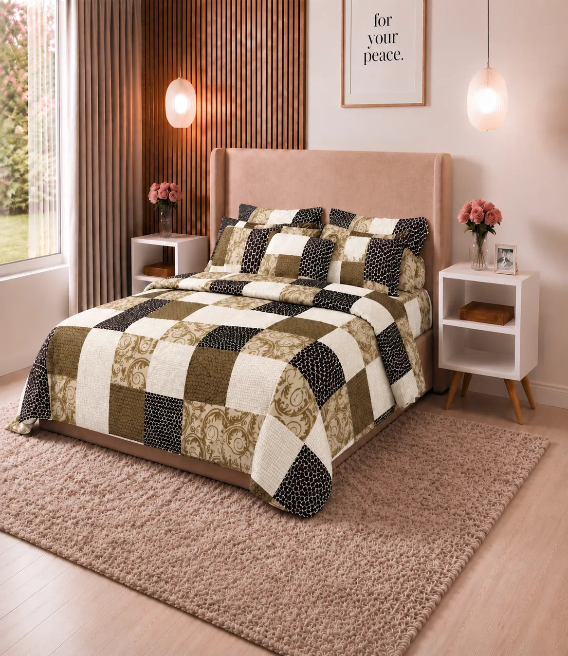 Luxury 100% cotton queen size bedsheet featuring an olive and beige contemporary patchwork print with coordinated pillow covers in a premium bedroom setting.