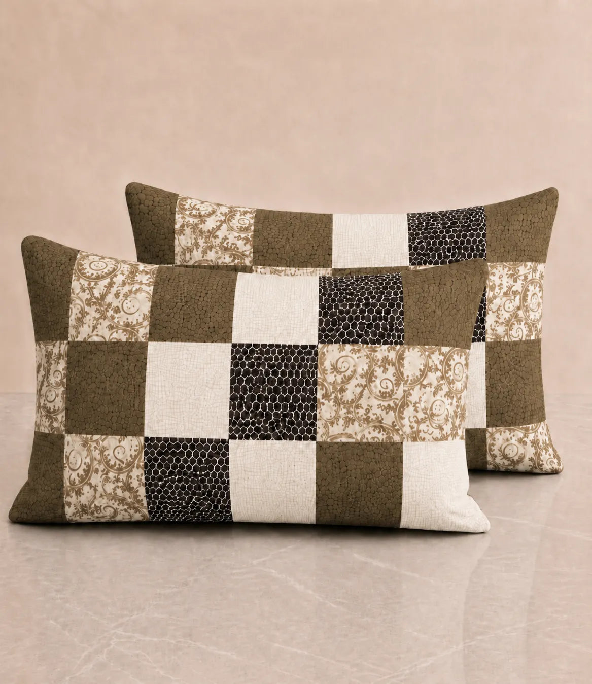 Matching 100% cotton pillow covers with olive, beige, cream, and black patchwork geometric design for a stylish modern bedroom.