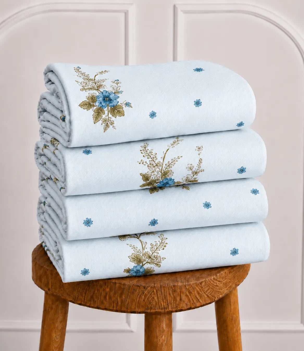 Neatly folded light blue cotton bedsheet displaying blue floral bouquet patterns and fine dotted detailing, highlighting the fabric's smooth finish and elegant design.