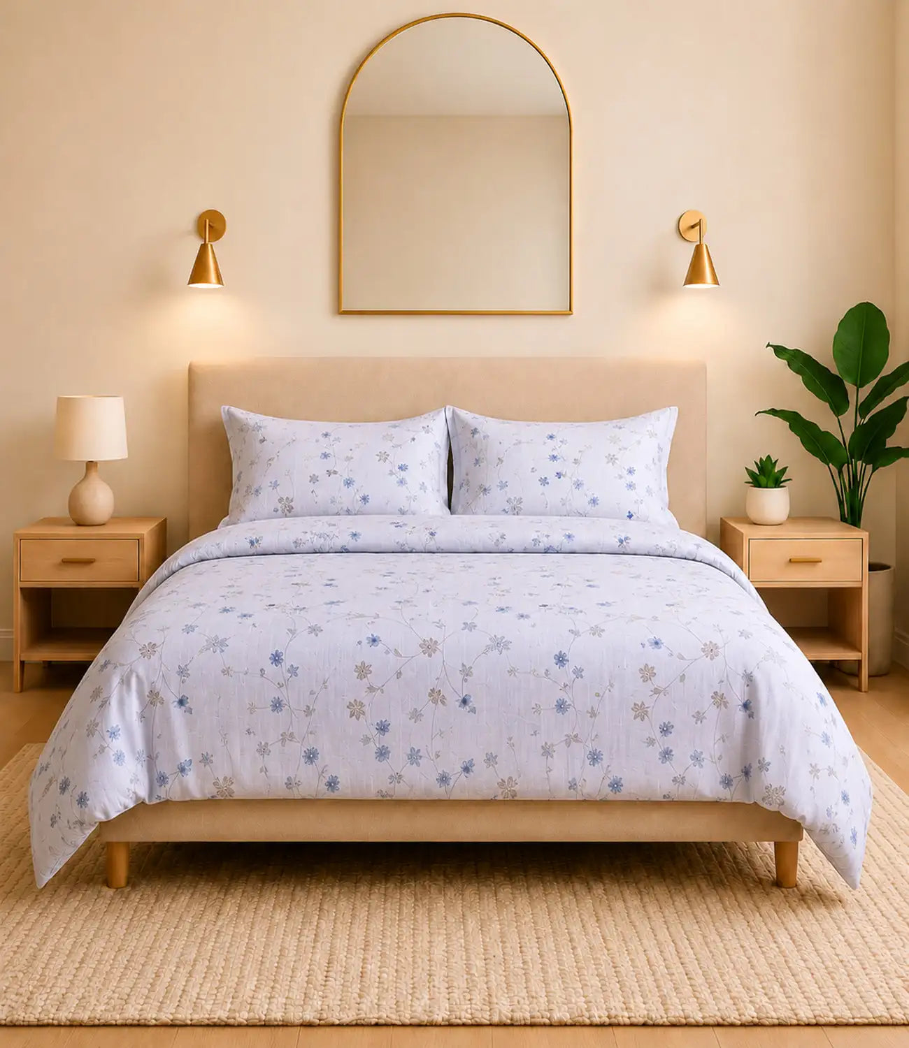 Premium king size 100% cotton bedsheet in soft ivory with delicate blue floral vine print and matching pillow covers, styled in a modern luxury bedroom.