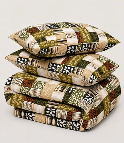 Folded premium king size 100% cotton bedsheet showcasing an earthy patchwork pattern with olive green, beige, cream, black, and rust tones in soft breathable cotton.