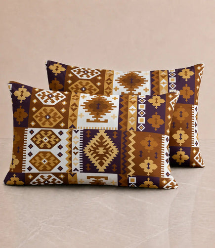 Matching 100% cotton pillow covers with mustard, brown, ivory, and deep purple tribal geometric pattern inspired by traditional ethnic motifs.