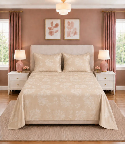 Front view of king size beige floral bedsheet set with matching pillow covers, showcasing elegant blossom pattern and smooth cotton finish.