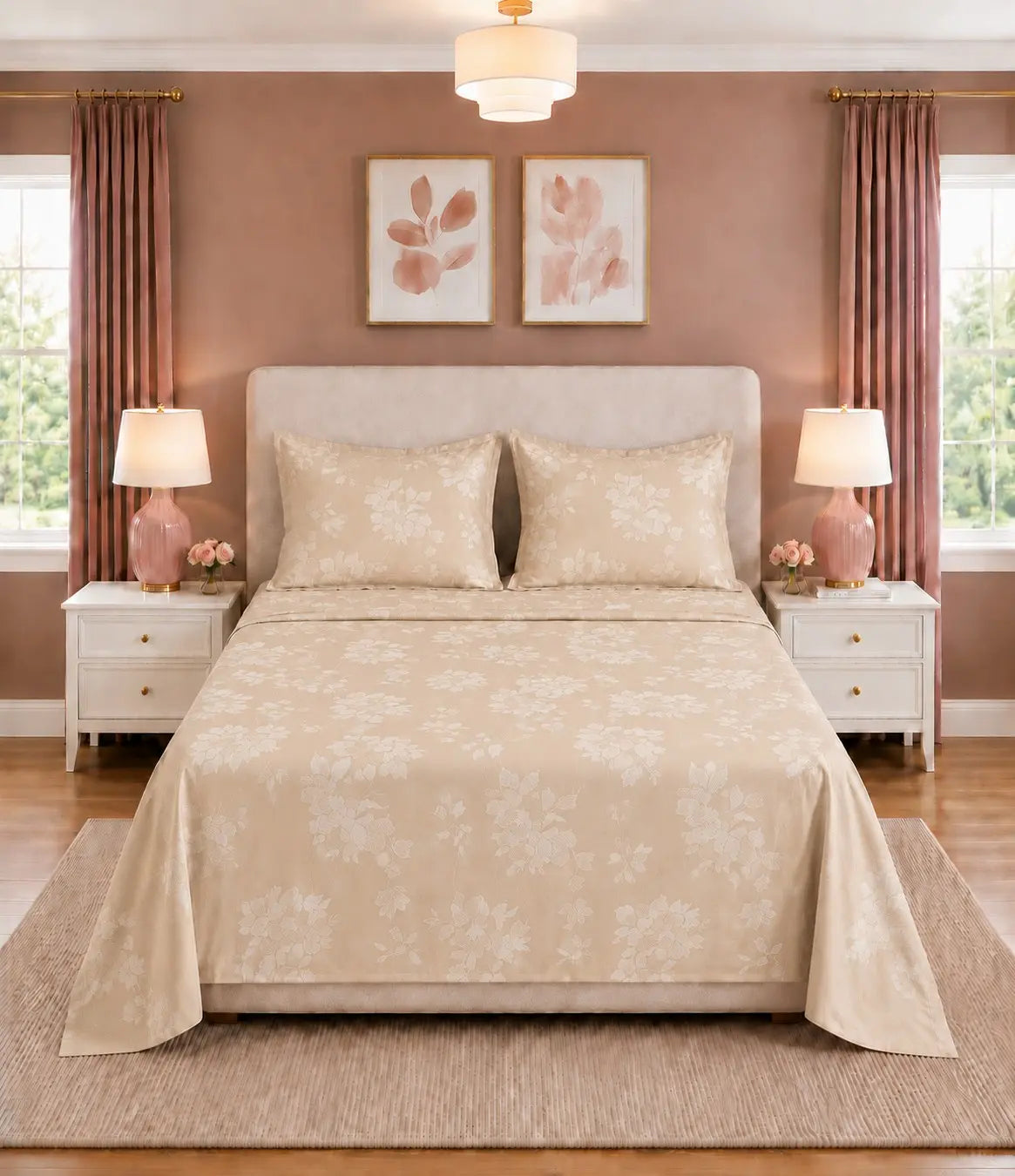 Front view of king size beige floral bedsheet set with matching pillow covers, showcasing elegant blossom pattern and smooth cotton finish.
