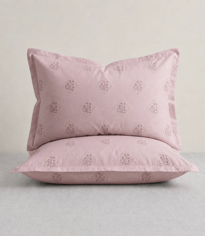 Matching blush mauve king size cotton pillow covers with floral diamond print crafted from soft breathable cotton fabric.