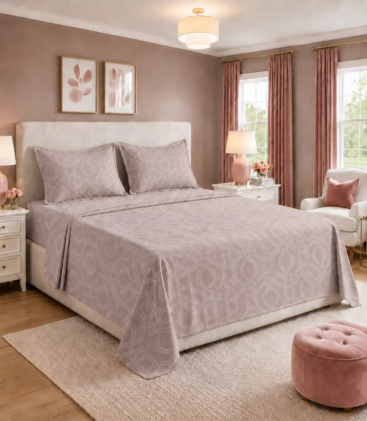 Elite Weave Blush Mauve Interwoven Geometric King Size Cotton Bedsheet – Modern Elegance & Everyday Comfort