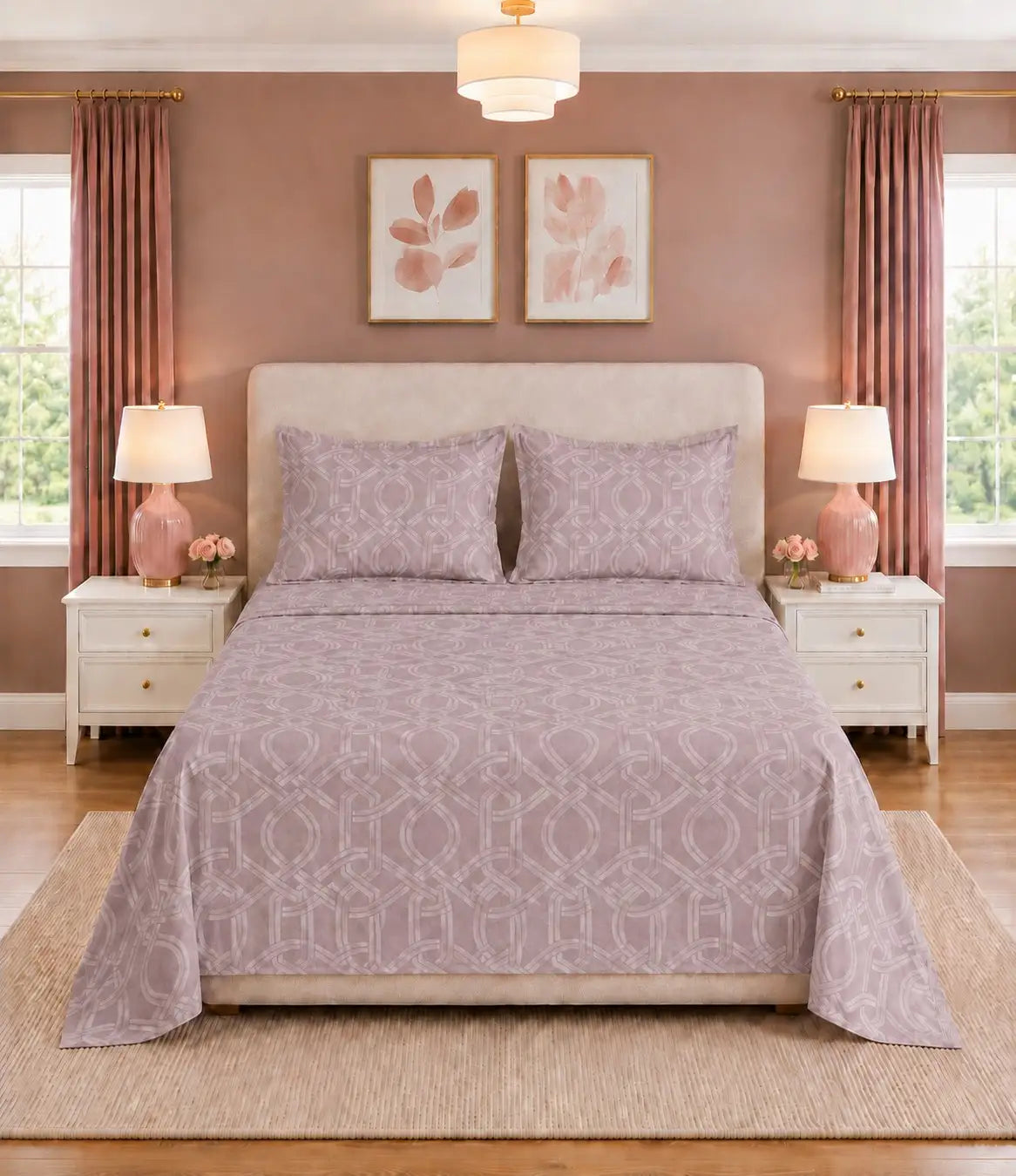 Elite Weave Blush Mauve Interwoven Geometric King Size Cotton Bedsheet – Modern Elegance & Everyday Comfort