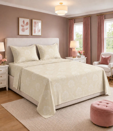 Elite Weave King Size ivory beige floral vine cotton bedsheet with matching pillow covers elegantly styled on a modern bed in a bright bedroom.