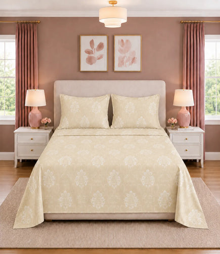 King Size ivory beige floral vine cotton bedsheet with two matching pillow covers displayed neatly on a bed, featuring an elegant botanical pattern.