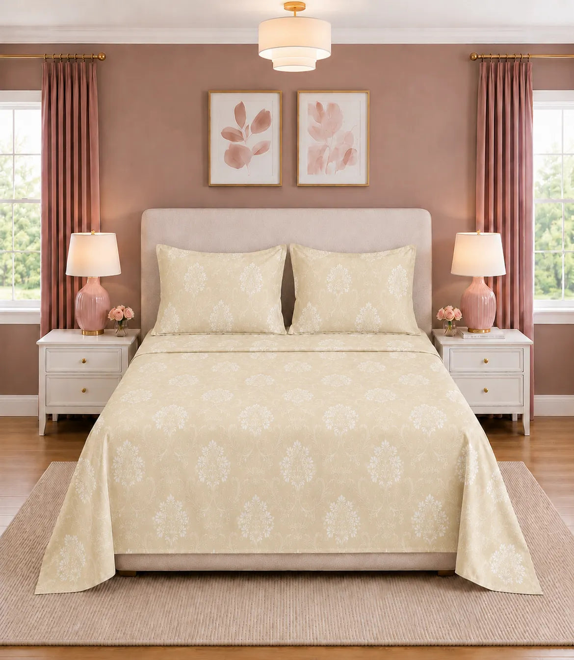 King Size ivory beige floral vine cotton bedsheet with two matching pillow covers displayed neatly on a bed, featuring an elegant botanical pattern.