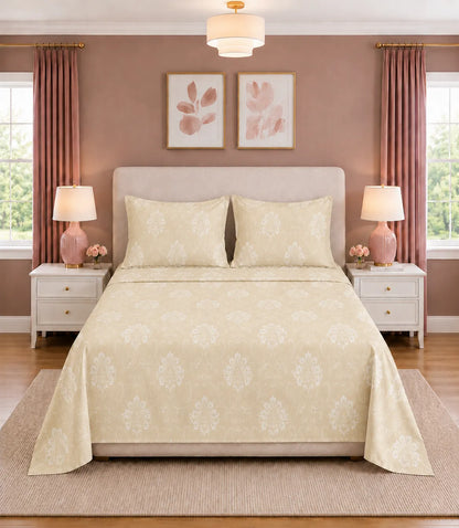 King Size ivory beige floral vine cotton bedsheet with two matching pillow covers displayed neatly on a bed, featuring an elegant botanical pattern.