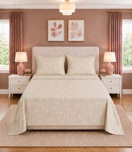 Front view of king size ivory cotton bedsheet featuring a delicate white botanical vine print with coordinated pillow covers.