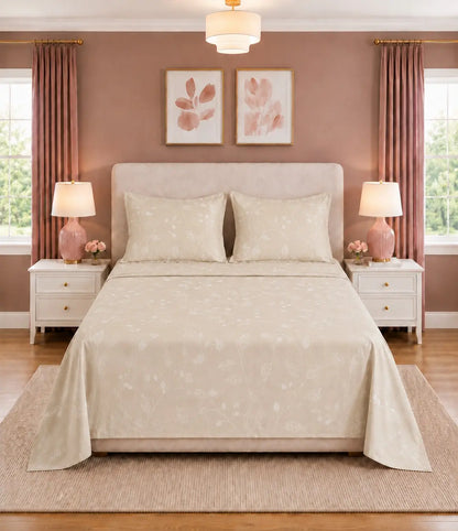 Front view of king size ivory cotton bedsheet featuring a delicate white botanical vine print with coordinated pillow covers.