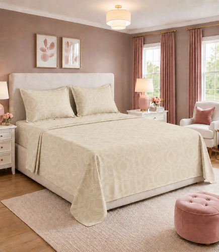 Premium king size 100% pure cotton ivory bedsheet featuring an elegant interwoven geometric pattern, styled in a luxurious contemporary bedroom with matching pillow covers for a timeless and sophisticated ambience.