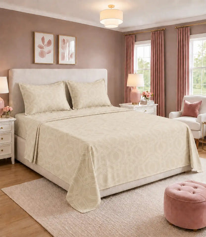 Premium king size 100% pure cotton ivory bedsheet featuring an elegant interwoven geometric pattern, styled in a luxurious contemporary bedroom with matching pillow covers for a timeless and sophisticated ambience.