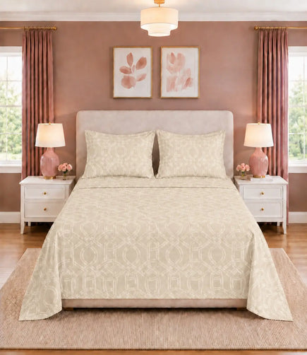 Premium king size 100% pure cotton ivory geometric bedsheet with a refined interwoven pattern and matching pillow covers, beautifully presented in a modern luxury bedroom for a clean and elegant look.
