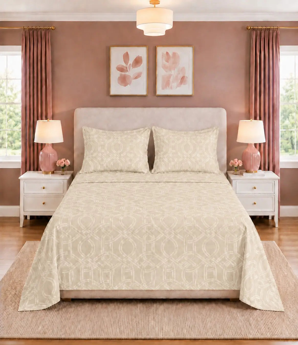 Premium king size 100% pure cotton ivory geometric bedsheet with a refined interwoven pattern and matching pillow covers, beautifully presented in a modern luxury bedroom for a clean and elegant look.