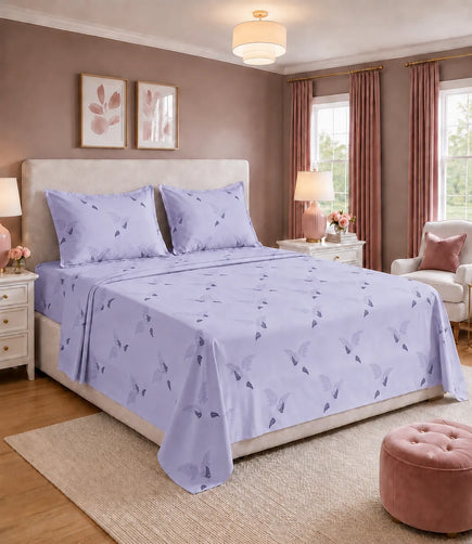 King Size lavender cotton bedsheet with elegant fern leaf print and matching pillow covers, soft breathable bedding for modern bedroom decor.