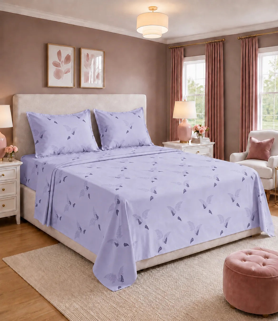 King Size lavender cotton bedsheet with elegant fern leaf print and matching pillow covers, soft breathable bedding for modern bedroom decor.