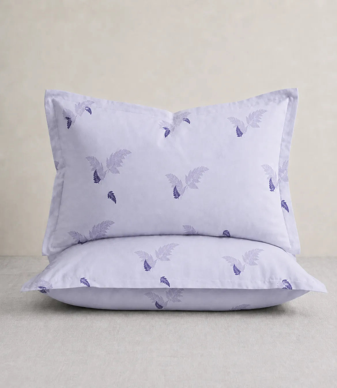 King Size matching lavender cotton pillow covers with delicate fern leaf print, soft and stylish bedding accessories for contemporary bedrooms.