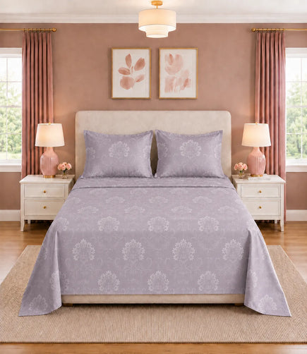 King Size Lavender Floral Vine Cotton Bedsheet Set with Matching Pillow Covers in Elegant Bedroom Décor
