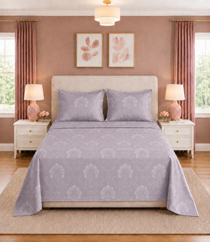 King Size Lavender Floral Vine Cotton Bedsheet Set with Matching Pillow Covers in Elegant Bedroom Décor