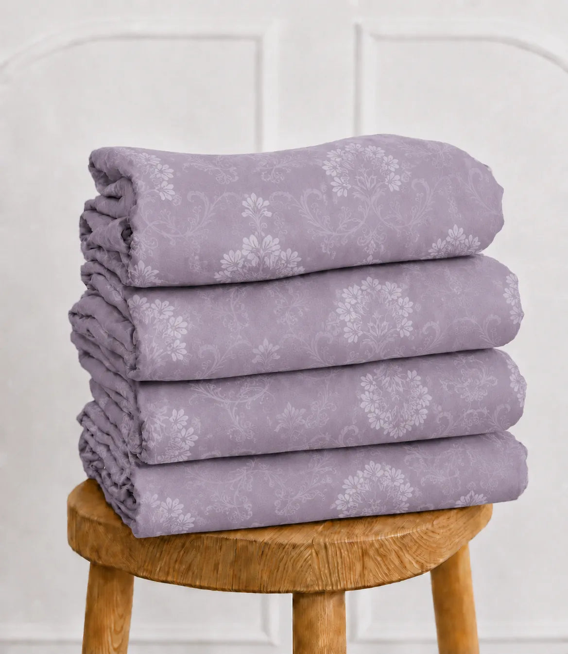 Folded King Size Lavender Floral Vine Cotton Bedsheet Showcasing Soft Fabric and Delicate Floral Print