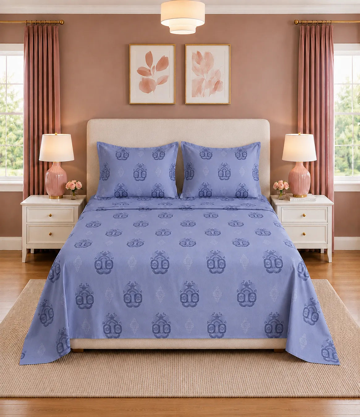 Front view of a lavender king size cotton bedsheet featuring intricate medallion motifs and matching pillow covers, creating a clean and elegant bedroom setting.