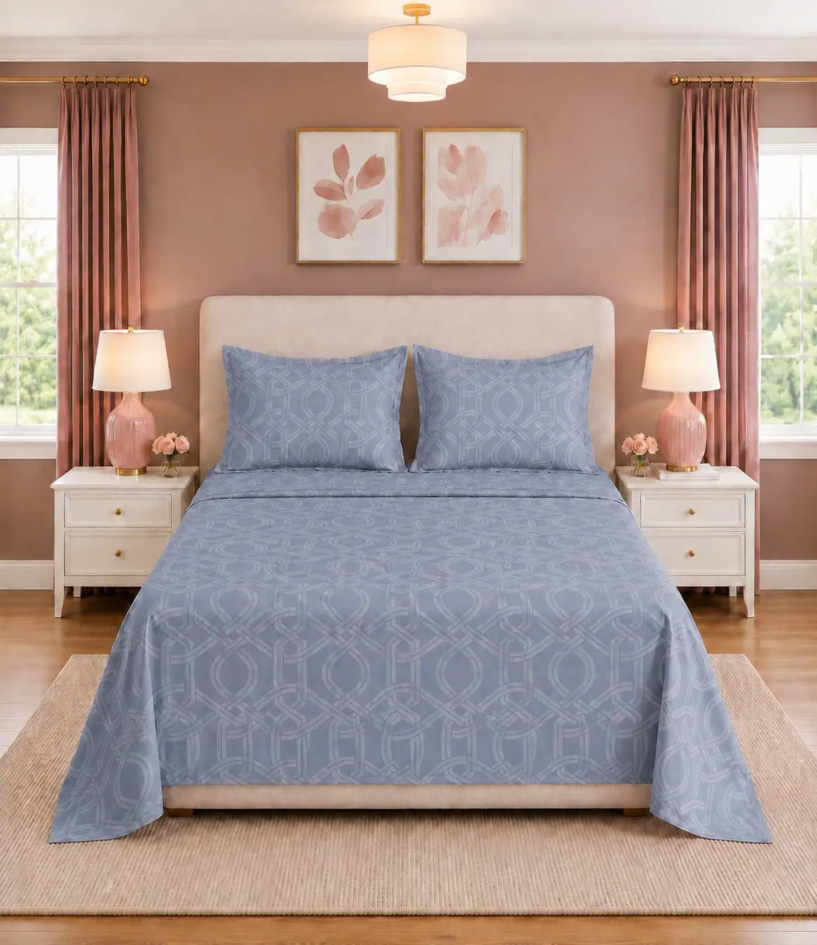Front view of powder blue geometric king size cotton bedsheet set with matching pillow covers in a stylish luxury bedroom.