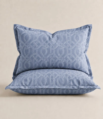 Matching powder blue cotton pillow covers featuring an elegant interwoven geometric pattern for king size bedsheet set.