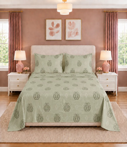 Front view of Elite Weave King Size sage green cotton bedsheet featuring an intricate medallion pattern with two matching pillow covers.