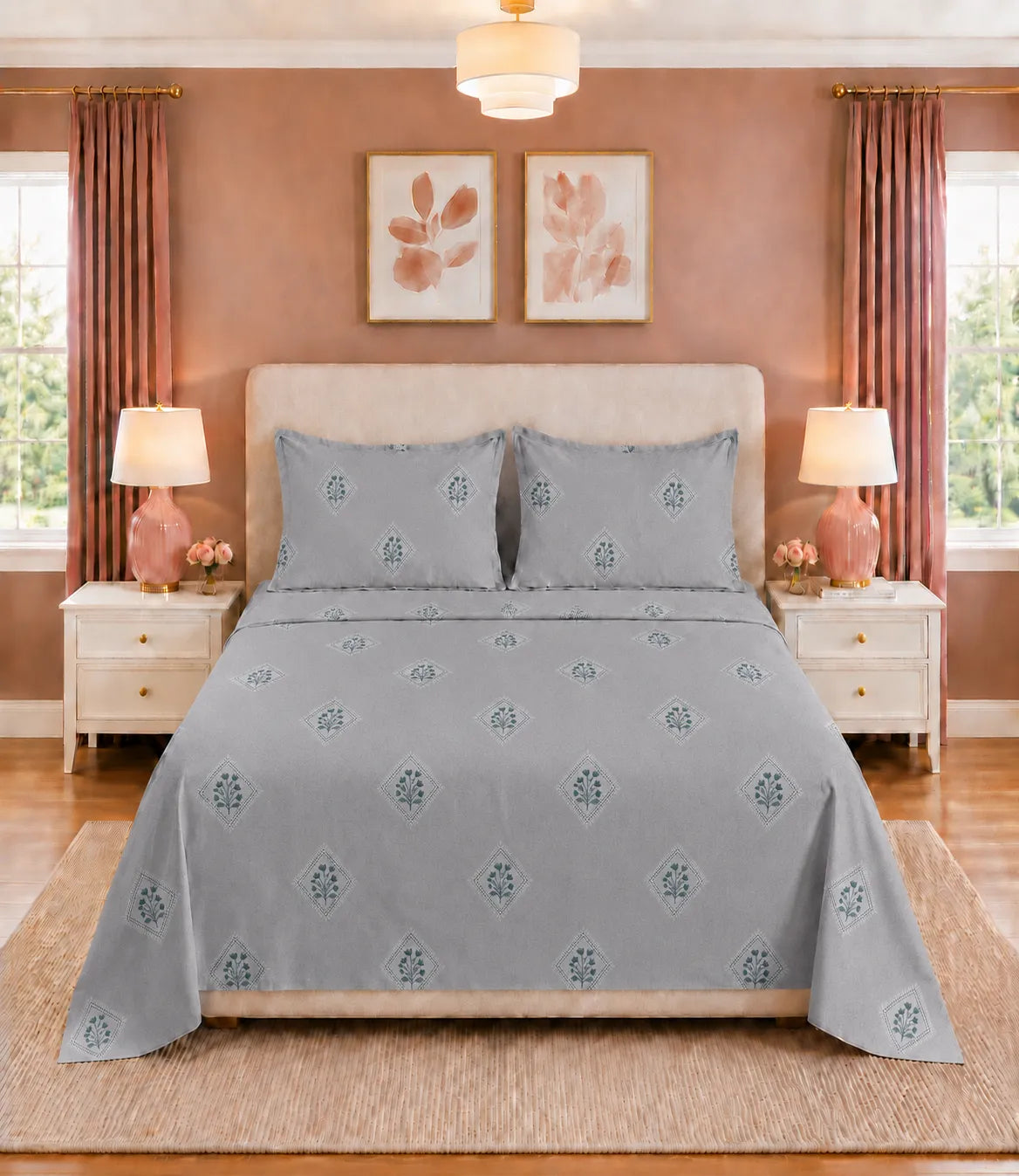 Front View of Elite Weave King Size Silver Grey Cotton Bedsheet Featuring Delicate Floral Diamond Pattern with Matching Pillow Covers