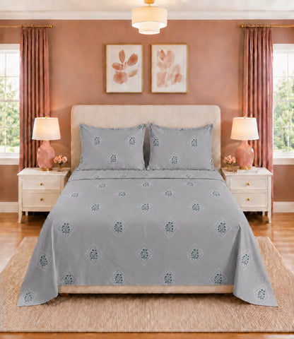 Front View of Elite Weave King Size Silver Grey Cotton Bedsheet Featuring Delicate Floral Diamond Pattern with Matching Pillow Covers