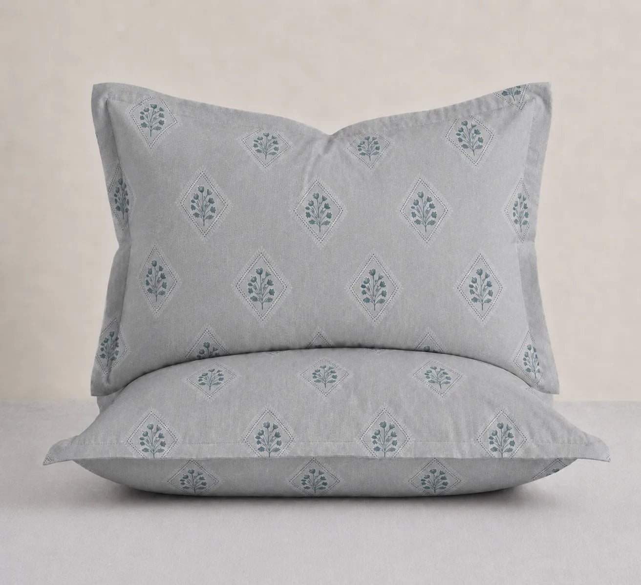 Elite Weave King Size Silver Grey Cotton Pillow Covers with Coordinated Floral Diamond Design on Soft Cotton Fabric