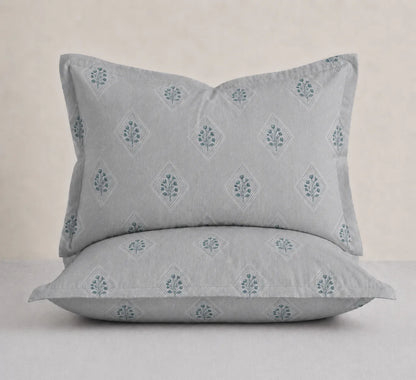 Elite Weave King Size Silver Grey Cotton Pillow Covers with Coordinated Floral Diamond Design on Soft Cotton Fabric