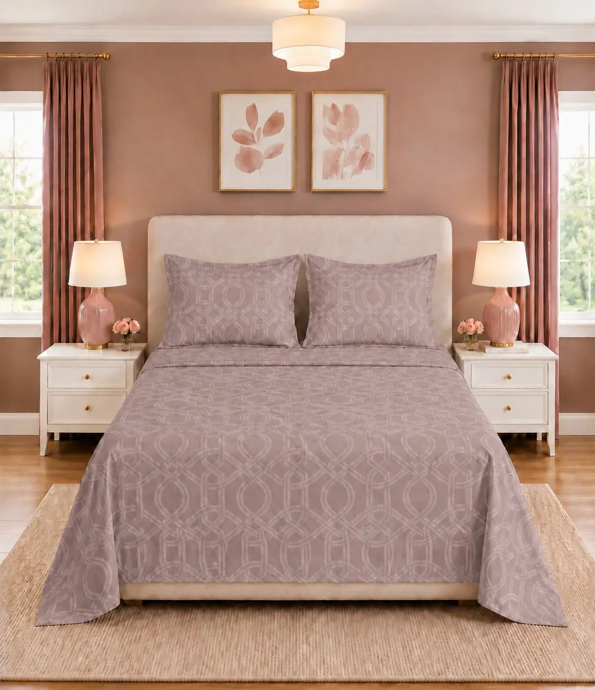 Front view of blush mauve geometric king size cotton bedsheet set with matching pillow covers in an elegant modern bedroom.