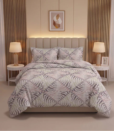 Premium queen size 100% pure cotton bedsheet with a modern abstract wave geometric pattern in blush pink, ivory, sage green, and charcoal grey, elegantly styled in a contemporary luxury bedroom with matching pillow covers.