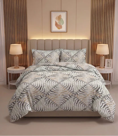 Premium queen size 100% pure cotton bedsheet with a soft beige and taupe abstract geometric pattern, styled in a modern luxury bedroom with matching pillow covers.