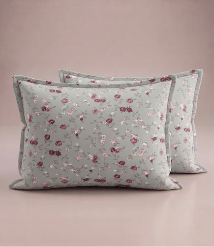 Matching 100% pure cotton pillow covers featuring an elegant vintage floral pattern in sage green, blush pink, burgundy, ivory, and olive green for a sophisticated bedroom.
