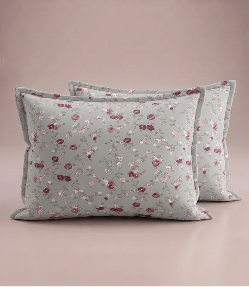 Matching 100% pure cotton pillow covers featuring an elegant vintage floral pattern in sage green, blush pink, burgundy, ivory, and olive green for a sophisticated bedroom.