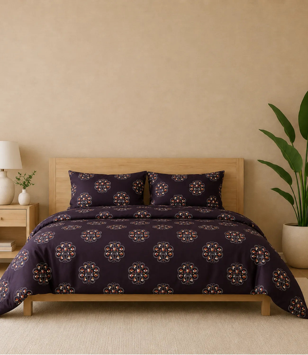 Queen size cotton bedsheet in midnight plum with elegant floral motifs, styled on a wooden bed in a modern bedroom with two matching pillow covers.