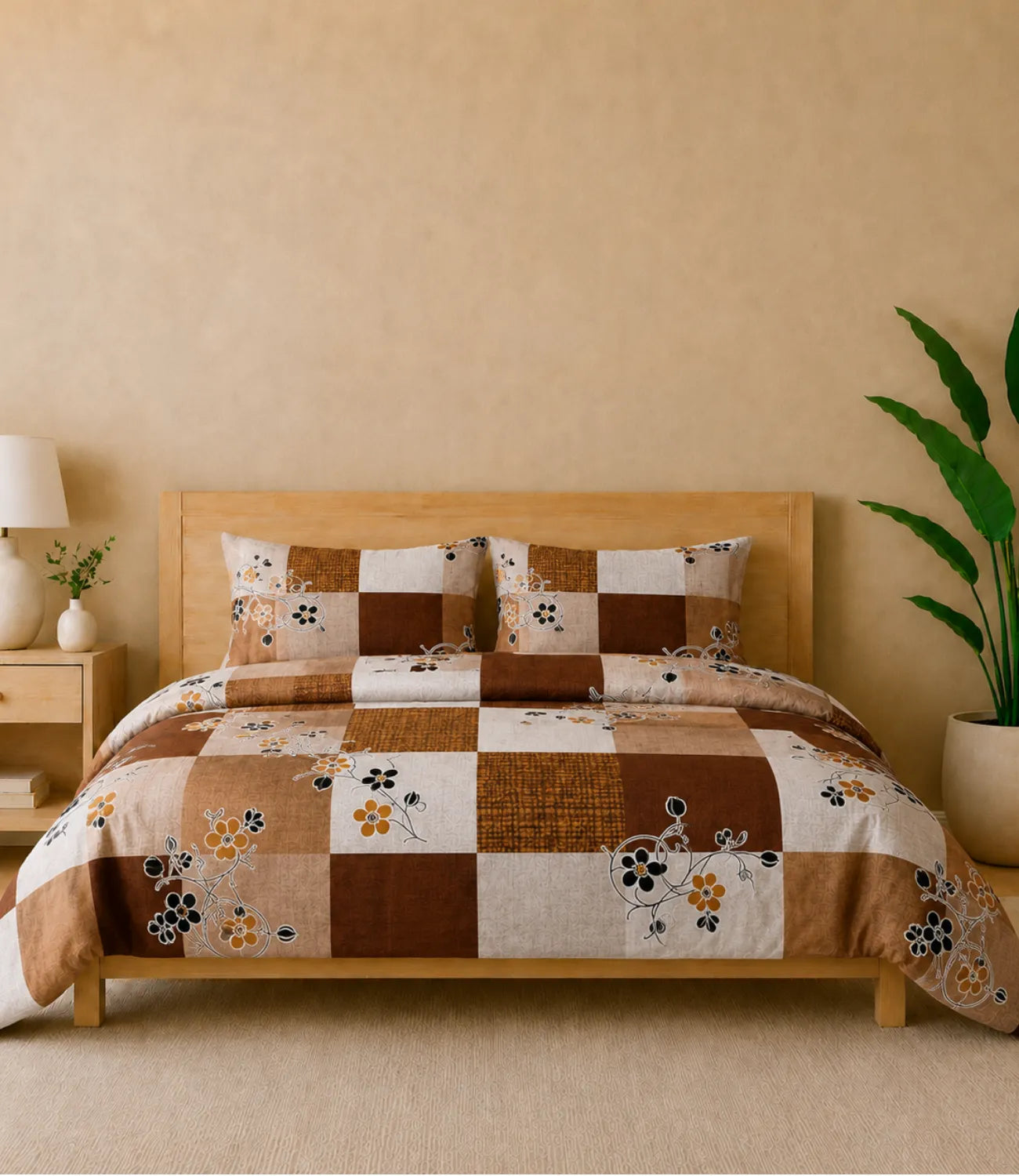 Queen size cotton bedsheet in mocha brown checkered pattern with elegant floral harmony design on a wooden bed.