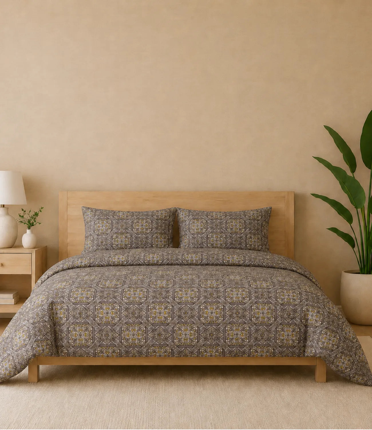 Premium queen size 100% pure cotton bedsheet featuring an elegant taupe geometric mosaic print with intricate heritage-inspired motifs in taupe, brown, beige, and subtle rust accents, styled in a modern wooden bedroom with matching pillow covers for a warm and sophisticated ambience.