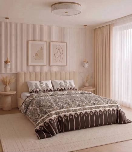 Premium king size 100% cotton bedsheet with coffee brown paisley print and matching pillow covers styled in a modern beige luxury bedroom.
