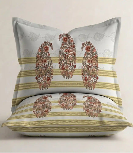 Matching 100% cotton pillow cover featuring a coral pink floral paisley motif with elegant striped detailing on a soft white background.
